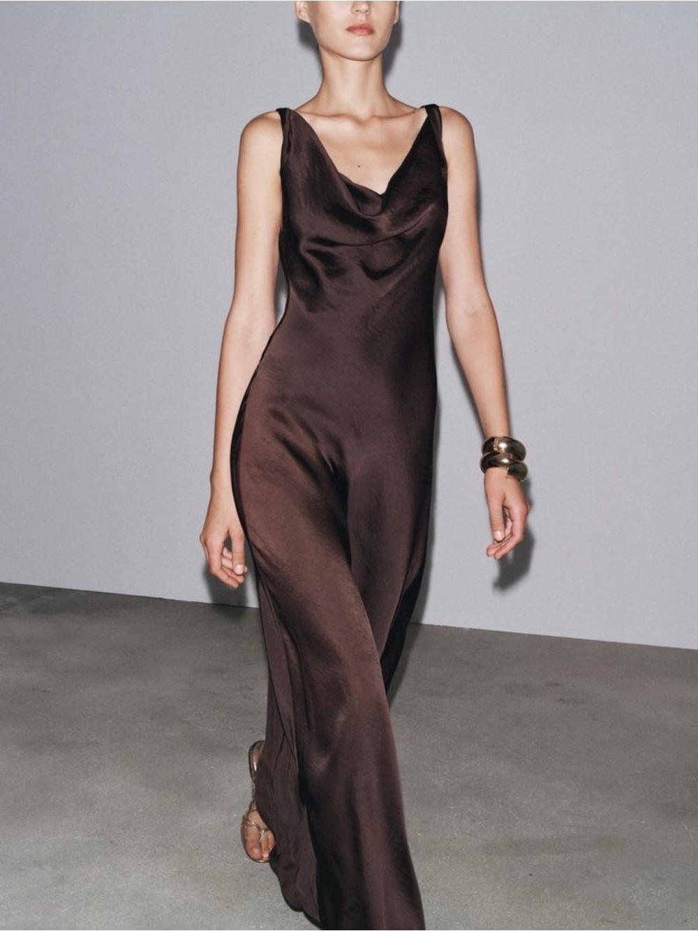 Zara Chocolate Brown Satin Cowl Neck Maxi Slip Dress Size XS